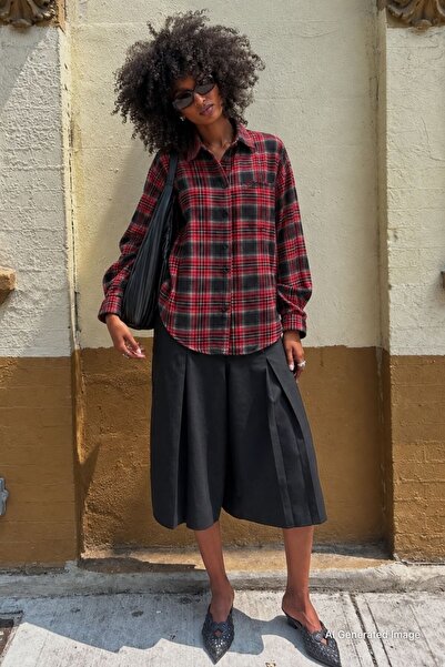 Madmext Red Oversized Plaid Patterned Women's Shirt MG2589