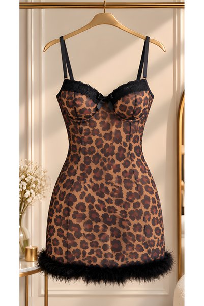 777 MIRACOLO Cămașă de noapte din dantelă cu model leopard, cu detalii din pluș negru, lenjerie intimă, cadou