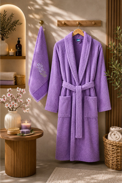 Elovias Havlulu Bornoz 2'li Set | Bornoz + 50 x 85 cm Baş Havlusu, Pamuklu, C...