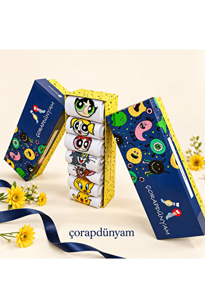 çorapdunyam 7”li Kutulu Set Powerpuff Gırls Neşeli Kolej Tenis Çorap