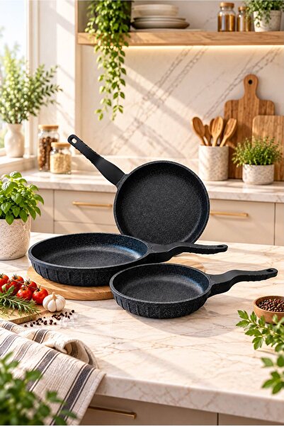 LAVONNI Line 3 Parça Döküm Granit Tava Seti Siyah | 20-24-28 cm Yapışmaz Çizi...
