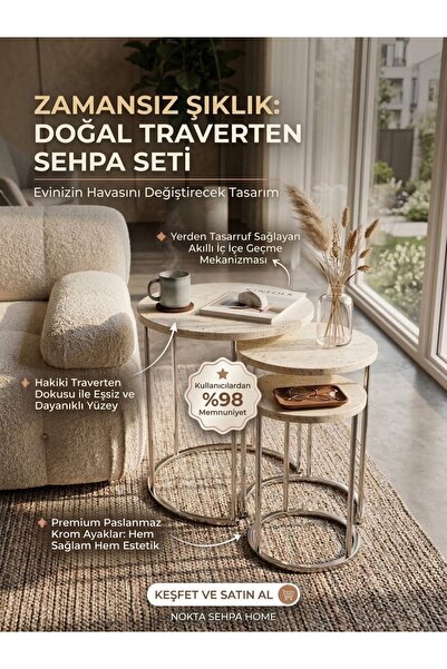 Nokta Sehpa Home Gümüş METAL traverten TABLA 3,lü Zigon Sehpa