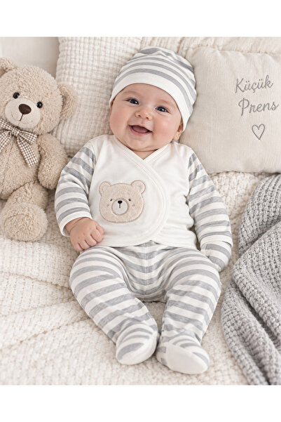 Petite Ponpon Baby Striped Teddy Bear Detailed Newborn Baby Hospital Discharg...