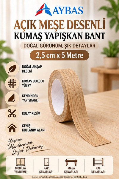 2,5 cm x 5 Metre Açık Meşe Ahşap Desenli Kumaş Yapışkan Bant – Kendinden Yapışkanlı Mobilya Kaplama Bandı ve Dekoratif Tamir Şeridi