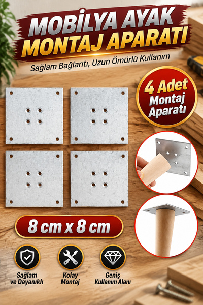 NZB Metal Çinko Masa Bağlantı Sacı Düz 8 x 8 cm Mobilya Yemek Masası Ayak Bağ...
