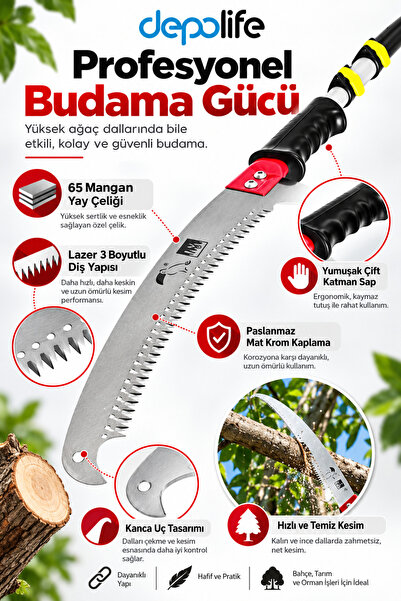 Depolife Tepe Budama Testeresi 400mm Lazer Dişli Sırık Testeresi Saplı Sapsiz...