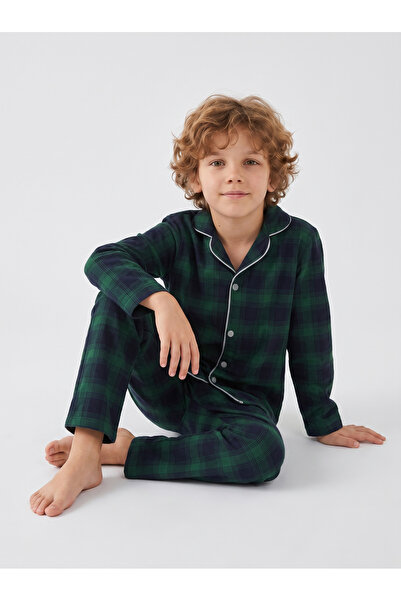 vitmo Boy's Long Sleeve Buttoned 100% Cotton Pajama Set Green Plaid