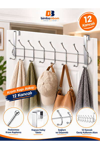 bimbambom Krom 12 Kancalı Kapı Arkası Askı, Banyo Askısı Elbise Askısı Kıyafe...