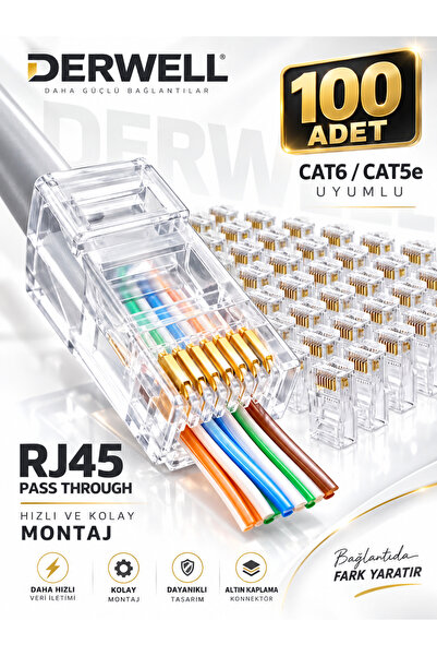 Derwell 100 Adet Yeni Nesil Delikli Rj45 Cat5 Cat6 Ethernet Internet Kablo So...