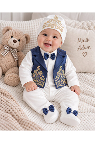 Ponpon Baby Erkek bebek yelekli tulum set mevlüt takımı bebek hediyelik