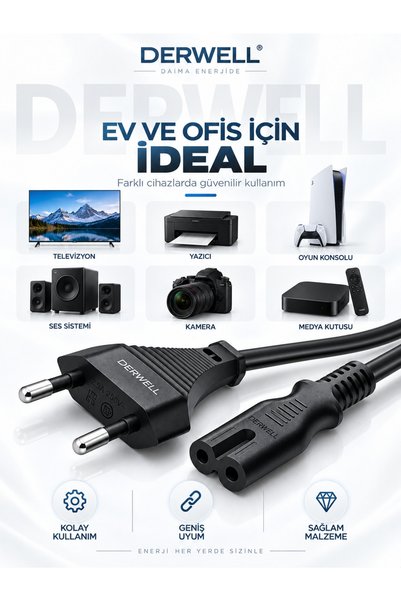 Derwell 3 Metre 3mt C7 Güç Kablosu Ps2/ps3/ps4/xbox One S/radyo/tv Işıldak Uyumlu 3m Power Ceryan Elektrik Kablosu
