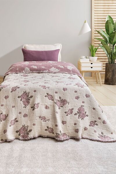 Layan Home %100 Pamuk 7 Katlı Müslin Tek Kişilik Yorgan – Gül Desen - Pembe