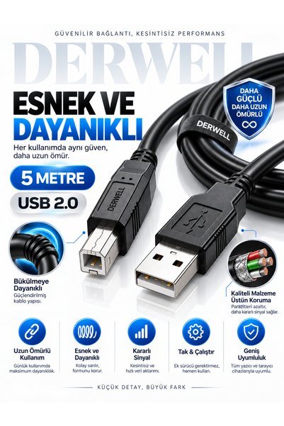 Derwell 5 Metre 5mt Yazıcı Kablosu Ara Printer Usb Bağlantı Kablosu Network Lazer ( Samsung - Hp Serisi - Canon - Brother - Xerox - Fotokopi/Fax/Yazıcı Kablosu