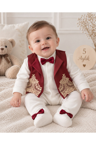 Ponpon Baby Erkek bebek yelekli tulum set lüks mevlüt takımı sünnetlik bebek ...