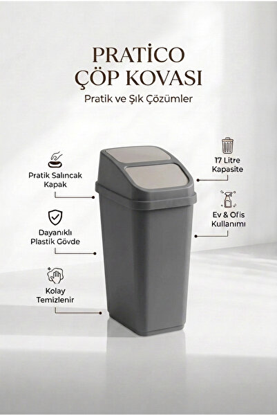 Nandy Home 17 Litre Pratico Çöp Kovası Pratik İtmeli Kapaklı Ofis ve Mutfak Ç...