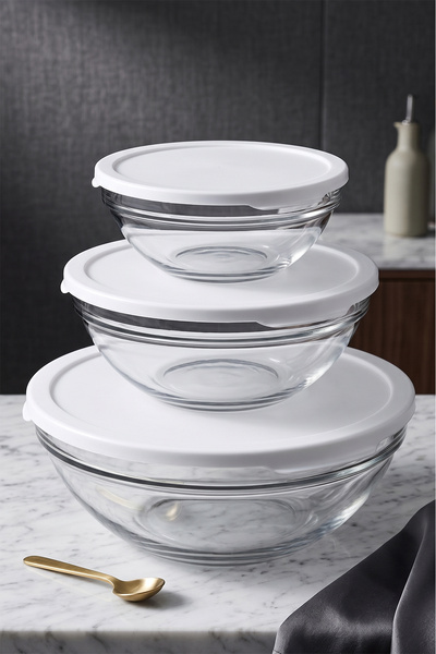 Paşabahçe 98304 Chefs 3lü Kapaklı Cam Kase Saklama Kabı Seti Büyük