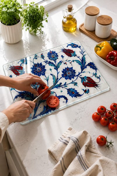Generic Brand Glass Cutting Board with Blue Tulip Tile Theme - Glass Cutting ...