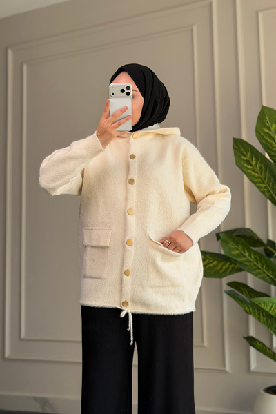 Suede Style 40936 - Şık Rahat Kapüşonlu Kadın Triko Ceket