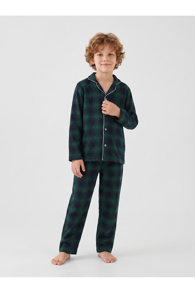 vitmo Erkek Çocuk Uzun Kollu Düğmeli %100 Pamuklu Pijama Takımı Yeşil Ekose