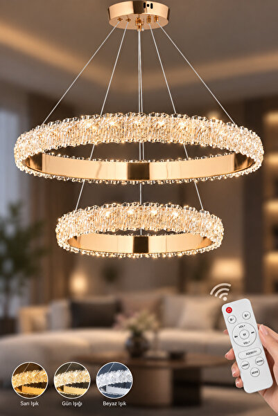 İstanbul Avize Kardelen Çift Katlı Gold 3 Renk Kumandalı Lüx Led Modern Ledli...
