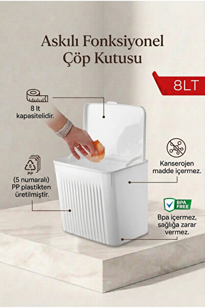 Nandy Home Askılı Fonksiyonel Çöp Kutusu 8Lt.