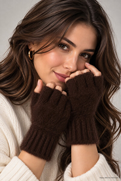 ZERAMİNE Plush Half Finger Women's Gloves – Soft Winter Model Bitter Brown