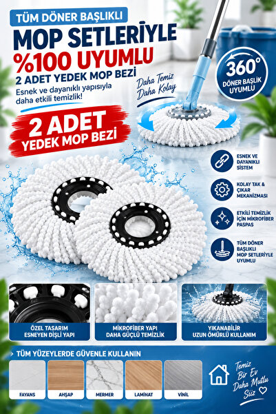 grimorlife 2 Adet Döner Başlıklı Mop Uyumlu Yedek Mop Bezi – Standart Ölçü, L...