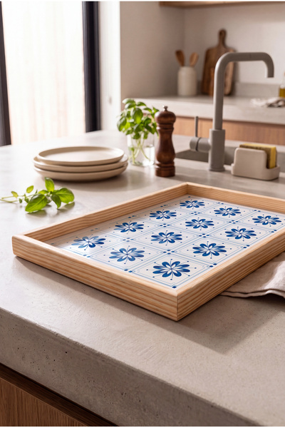 Zevahir Home Portekiz Azulejos Desenli - Doğal Ahşap Çerçeveli Dikdörtgen Kah...