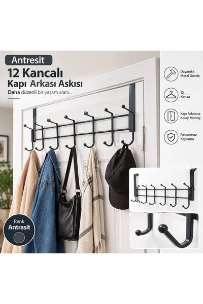 Bala 12 Kancalı Antresit Kapı Arkası Askı, Kapı Askısı Banyo Askısı Elbise As...