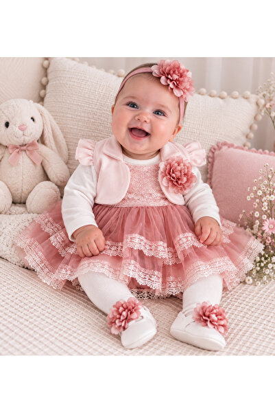 Ponpon Baby فستان مولد فاخر للبنات الرضع، 6 قطع، مع جاكيت بنقشة زهور، مناسب ك...
