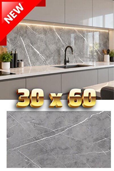 Renkli Duvarlar Kendinden Yapışkanlı 1 Adet 30x60cm Gri Mermer Desenli Esnek ...