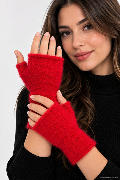 ZERAMİNE Women's Plush Gloves Fingerless Gloves Winter Red
