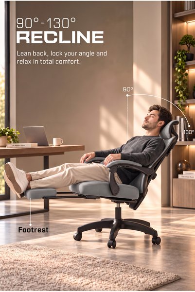 DROGO Office Chair with 130° Recline, Adjustable Lumbar Support, Headrest & Footrest for Long Sitting