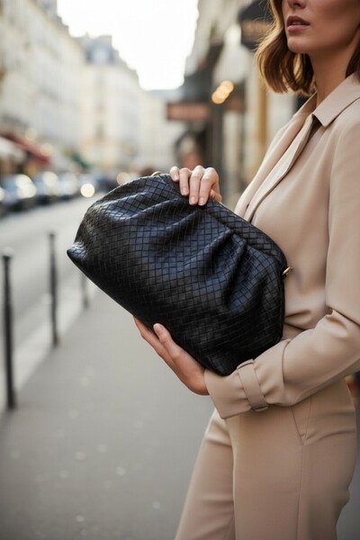 Classbag Γυναικεία τσάντα ώμου με μαύρο πλεκτό σχέδιο και ρυθμιζόμενο λουράκι