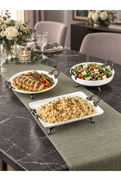 MAY HOME 3'Lü Porselen Modern Set & Dikdörtgen Yuvarlak Tabak Kase Sunumluğu