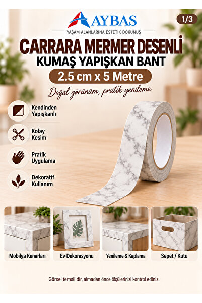 Aybas 2,5 cm x 5 Metre Carrara Mermer Desenli Yapışkanlı Kumaş Bant – Kendind...