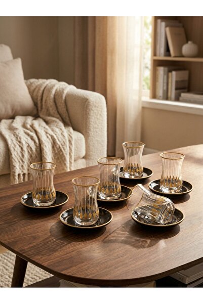 Generic Turkish Tea Set for 6 | 12 Pieces | Transparent Glass Cups with Elega...