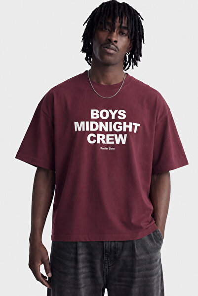 BOYS MIDNIGHT CREW Baskılı Boxy Fit Erkek Tişört - Bordo