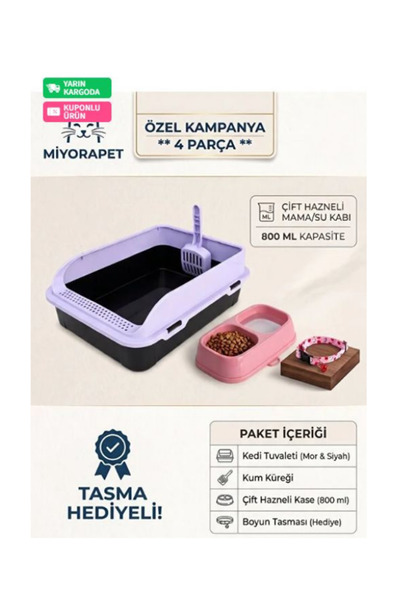 Genel Markalar Açık Elekli Kedi Tuvaleti - Kürek - Mama Kabı - Tasma Hediyeli
