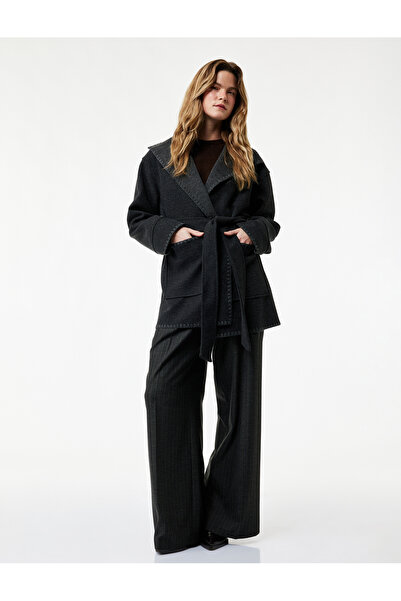 Koton Shepherd's Stitch Detailed Belted Pocketed Long Sleeve Cashmere Coat