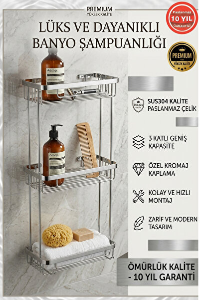 BanyomHome Krom Paslanmaz Çelik SUS304 Kalite Taci 3'Lü Şampuanlık Banyo Rafı