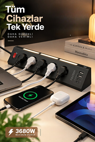 Yussraw Fulltech FTR-26 Akım Korumalı Priz Siyah 9’lu (5 Priz + 2 USB-A + 2 USB-C) 3680W 16A, 2 Metre Kablolu