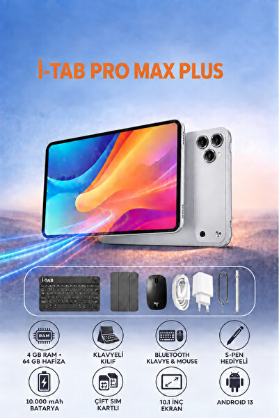 İ-TAB PRO MAX PLUS 4GB RAM 64GB Hafıza Klavyeli Kılıf + Bluetooth Klavye & Mo...