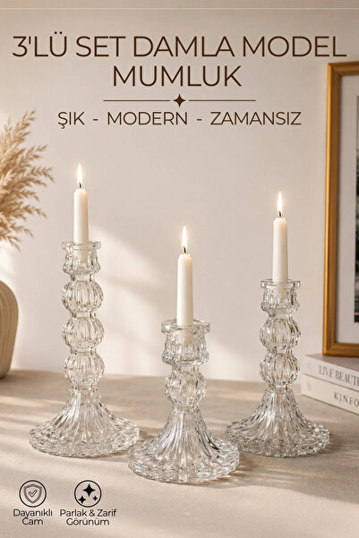 Nandy Home 3’lü Set Damla Model Cam Mumluk & Şamdan