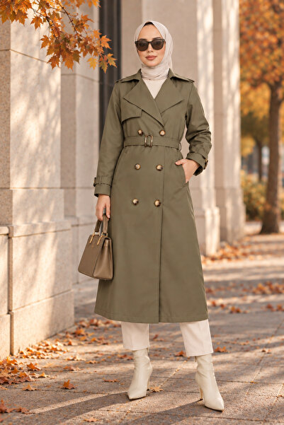 FOMLY Women's Khaki Lined Double-Breasted Long Trench Coat with Waist Belt