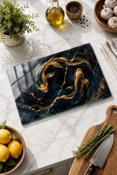 Generic Brand Glass Cutting Board with Koi Fish Theme - Glass Cutting Board |   20cm X 30cm