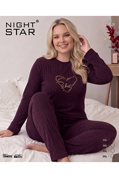 Night Star طقم بيجامة روما قطني محبوك بطبعة قلب باللون البرقوقي مقاس كبير