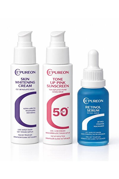 Retinol Serum, Cilt Beyazlatıcı Krem ve SPF 50 Tone Up Pink Güneş Kremi 3’lü Cilt Bakım Seti