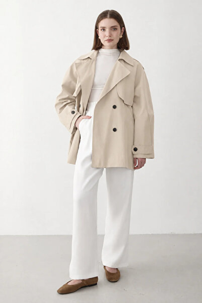 JASTE Women's Stone Double-Breasted Collared Lined Trench Coat