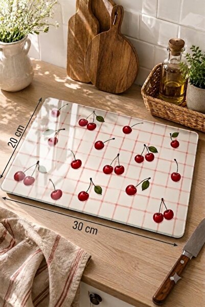 Luminaglass Cam Kesme Tahtası Kiraz Temalı - Cam Kesme Tablası | 20cm x 30cm